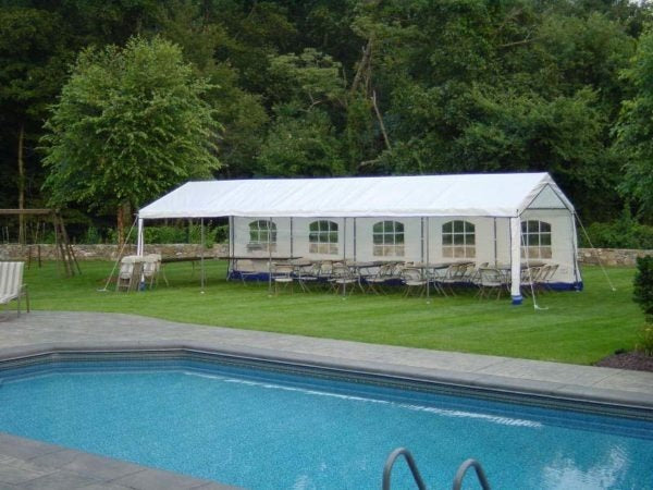 14'W x 32'L x 9'H- Party Tent - White with Blue Trim