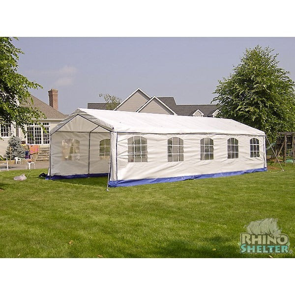 14'W x 32'L x 9'H- Party Tent - White with Blue Trim